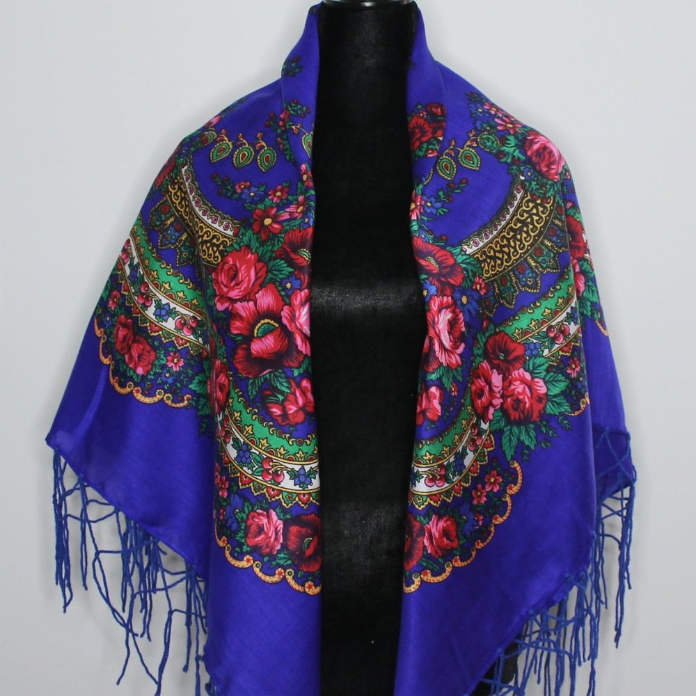Traditional folklore scarf large blue floral new - Picture 2 of 7